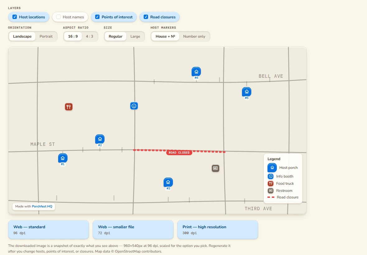 The attendee-facing map: numbered porch markers, a food truck, an info booth, a restroom, and a road closure drawn across one street, with a legend and layer toggles for host locations, host names, points of interest and road closures. Export options offer 96, 72 and 300 dpi.